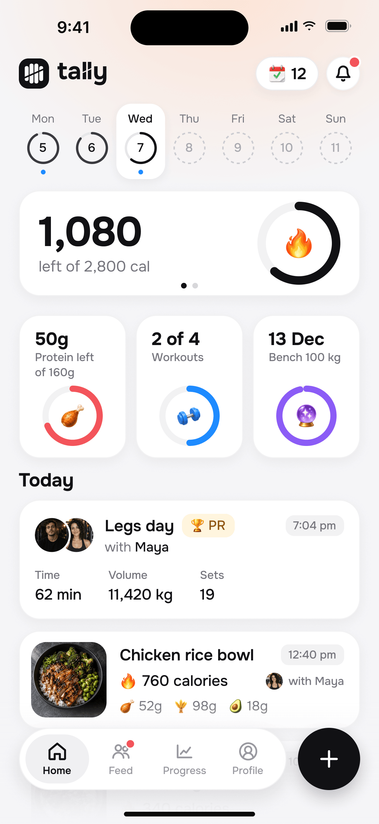 Tally home screen: 1,080 calories left, legs day with Maya, chicken rice bowl