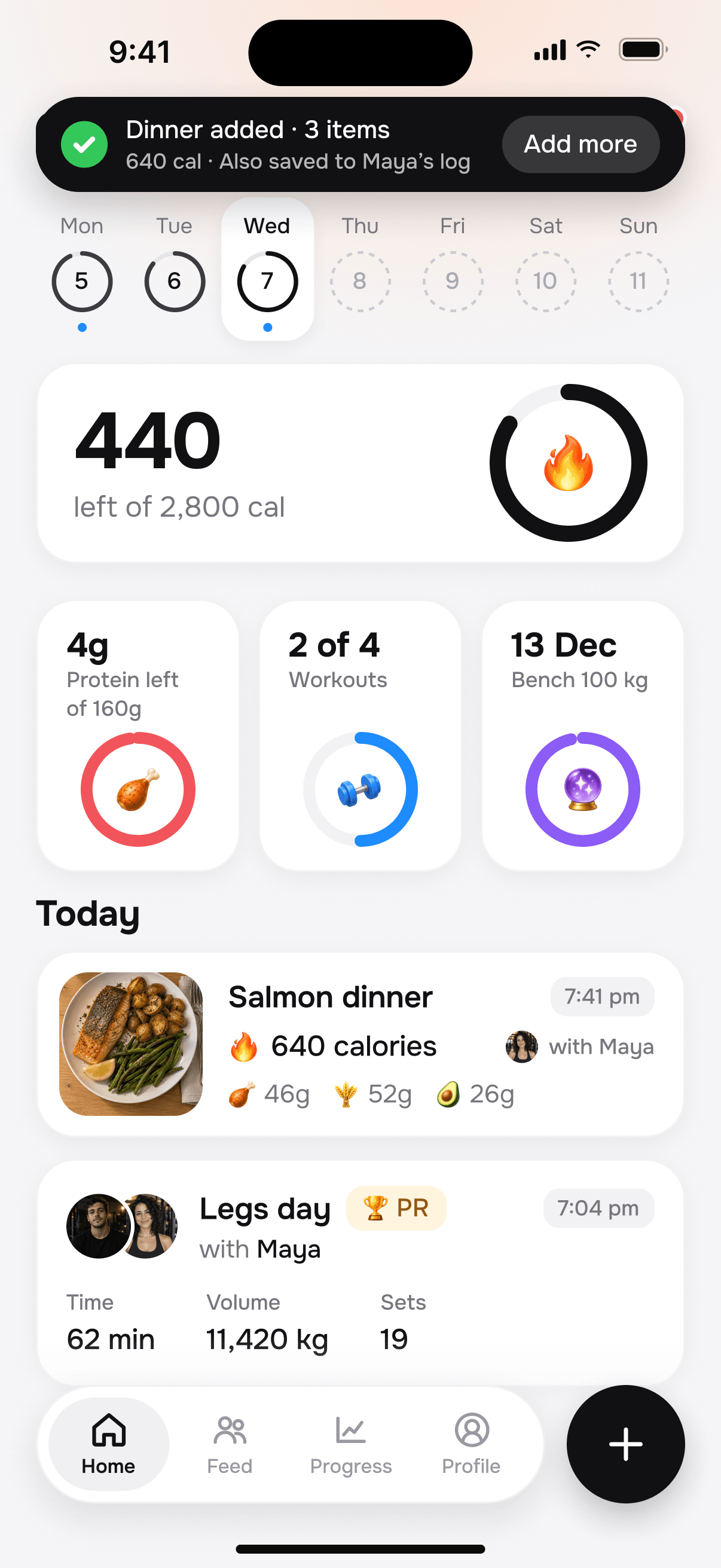 Tally home screen after dinner: “Dinner added”, also saved to Maya’s log, 440 calories left