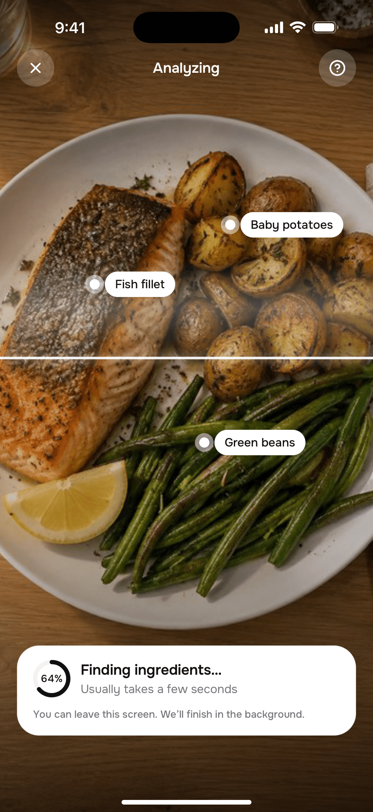 Tally analyzing a meal photo: fish fillet, baby potatoes and green beans found