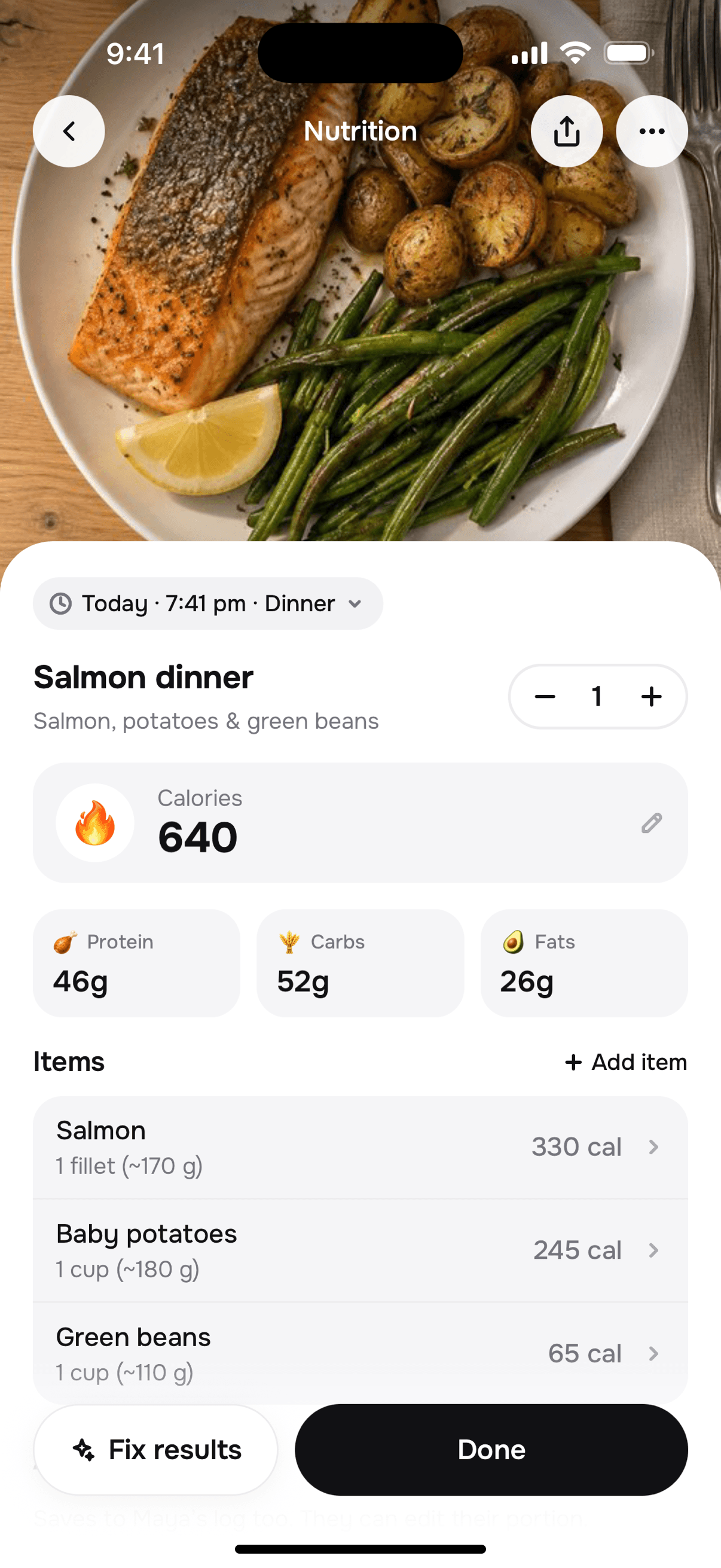 Tally meal screen: salmon dinner at 7:41 pm, 640 calories, 46 g protein, 52 g carbs and 26 g fat, with salmon, baby potatoes and green beans