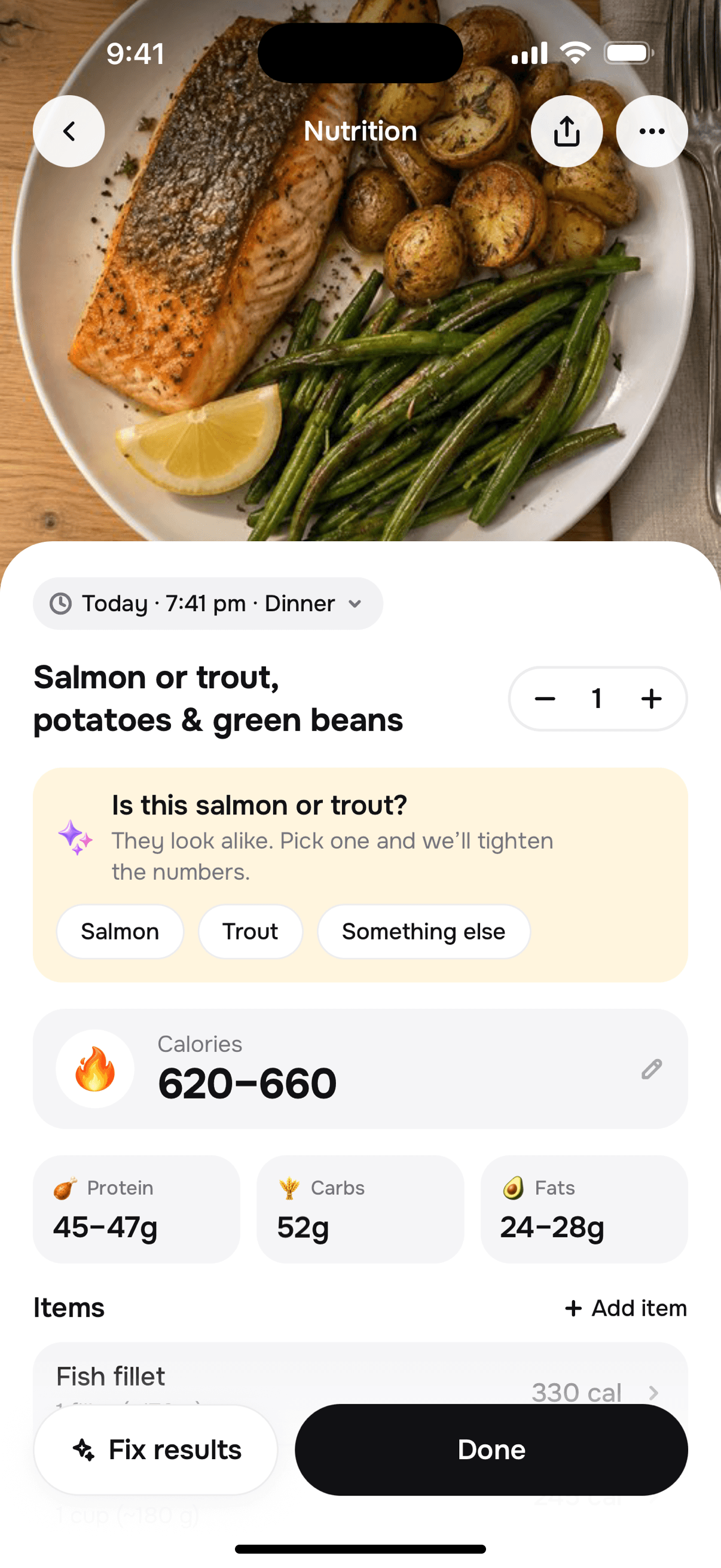 Tally asks “Is this salmon or trout?” with Salmon, Trout and Something else, 620–660 calories