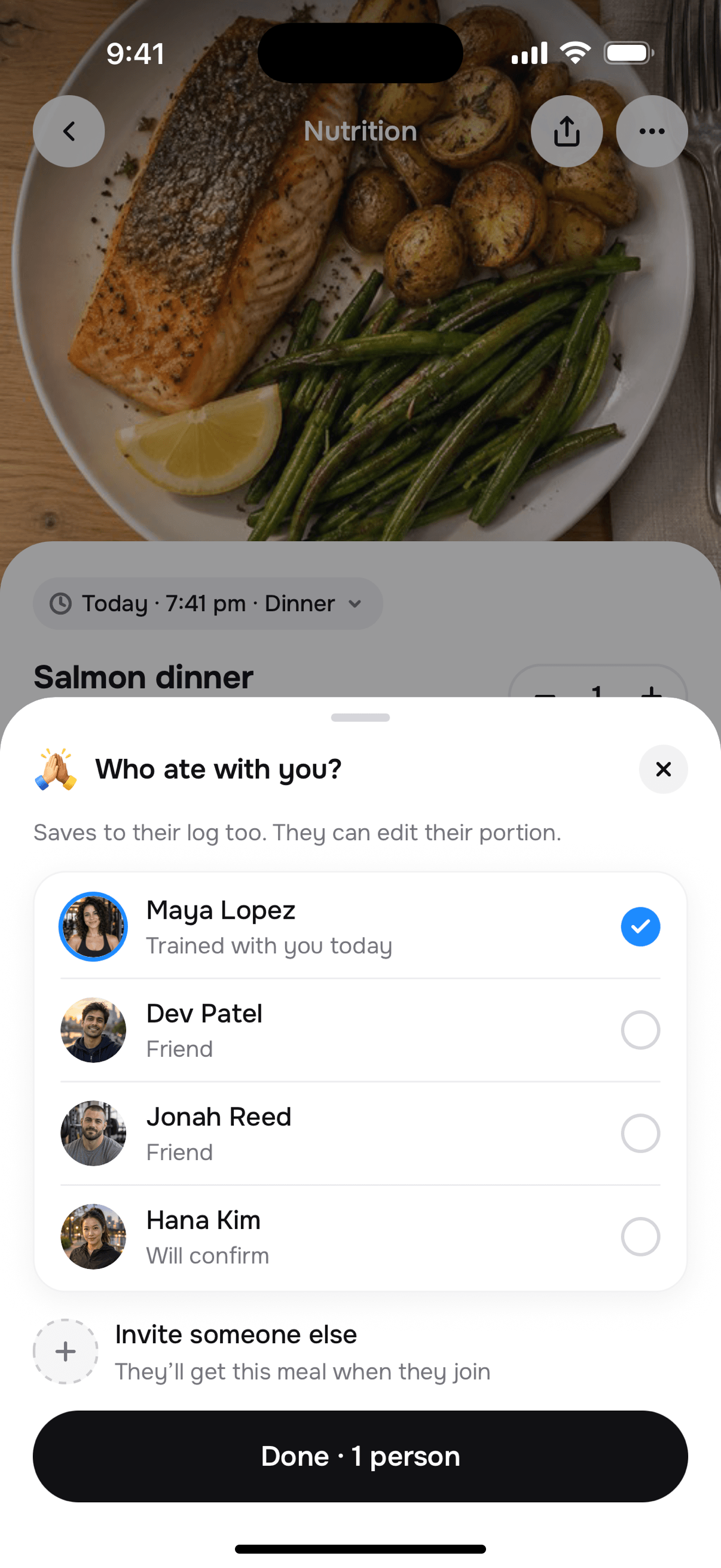 Tally “Who ate with you?” sheet: Maya Lopez selected, trained with you today; Hana will confirm