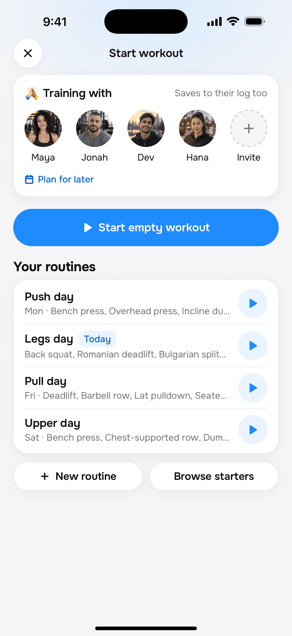 Tally start workout screen: train with Maya, Jonah, Dev or Hana, plan for later, and your routines, with legs day today