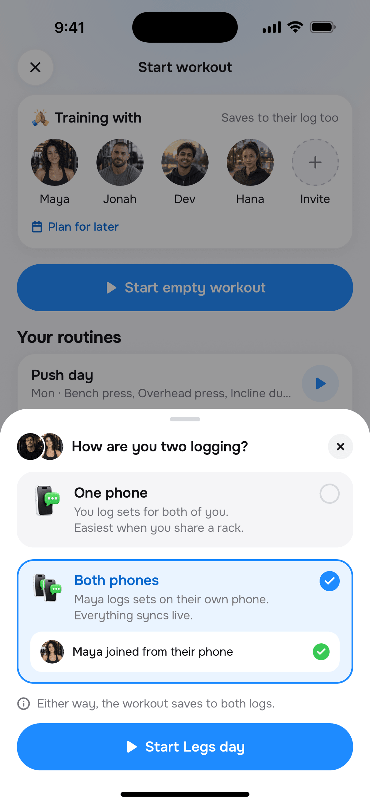 Tally “How are you two logging?” sheet: both phones, Maya joined from their phone