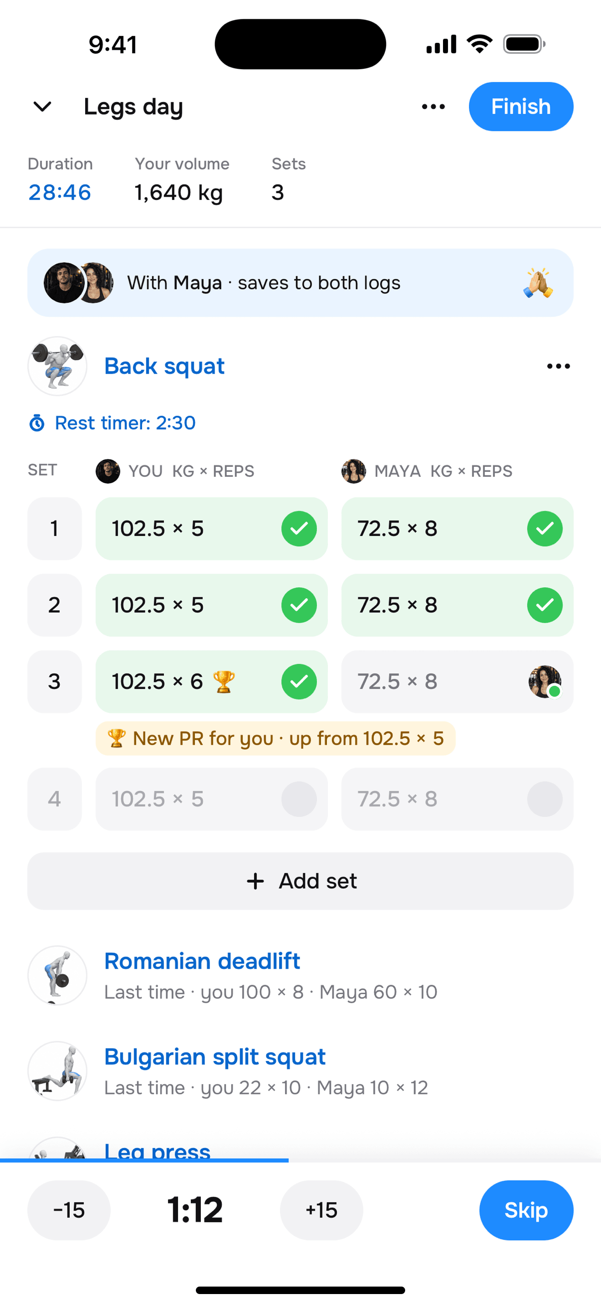 Tally live workout with Maya: back squat set 3 at 102.5 kg × 6, a new PR, rest timer 1:12