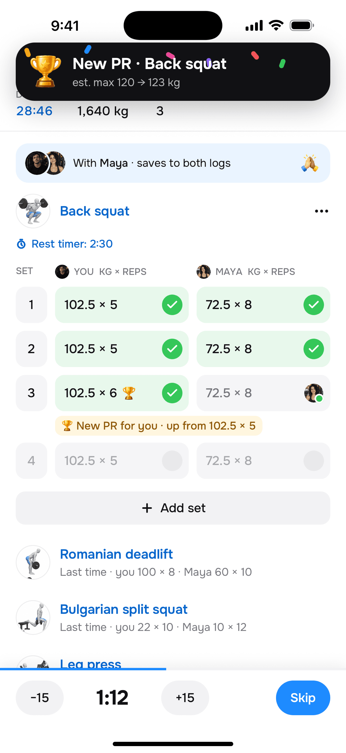 Tally PR moment: “New PR · Back squat”, estimated max up from 120 to 123 kg