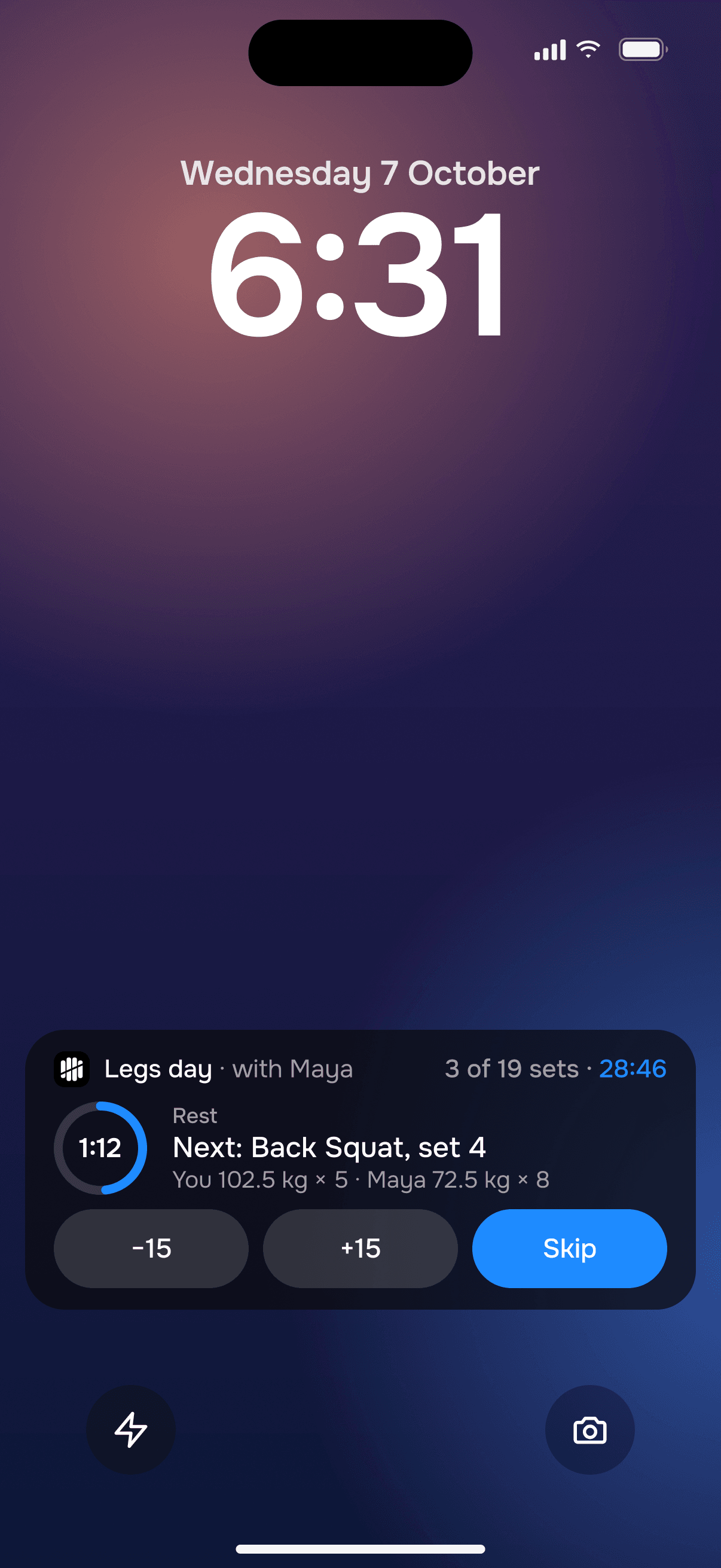 Tally Live Activity on the Lock Screen: legs day with Maya, resting 1:12, next back squat set 4, 3 of 19 sets